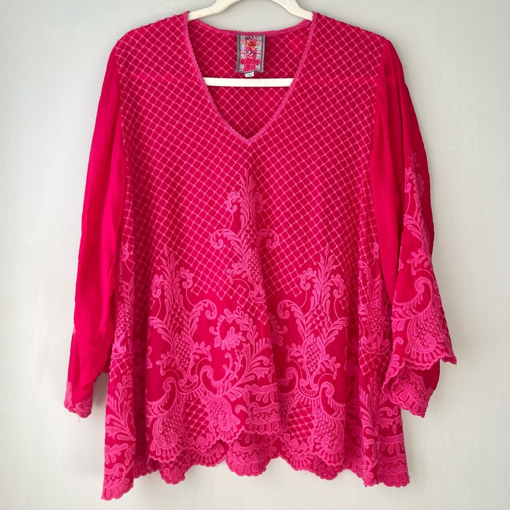 Johnny Was Hot Pink Embroidered V-Neck Tunic